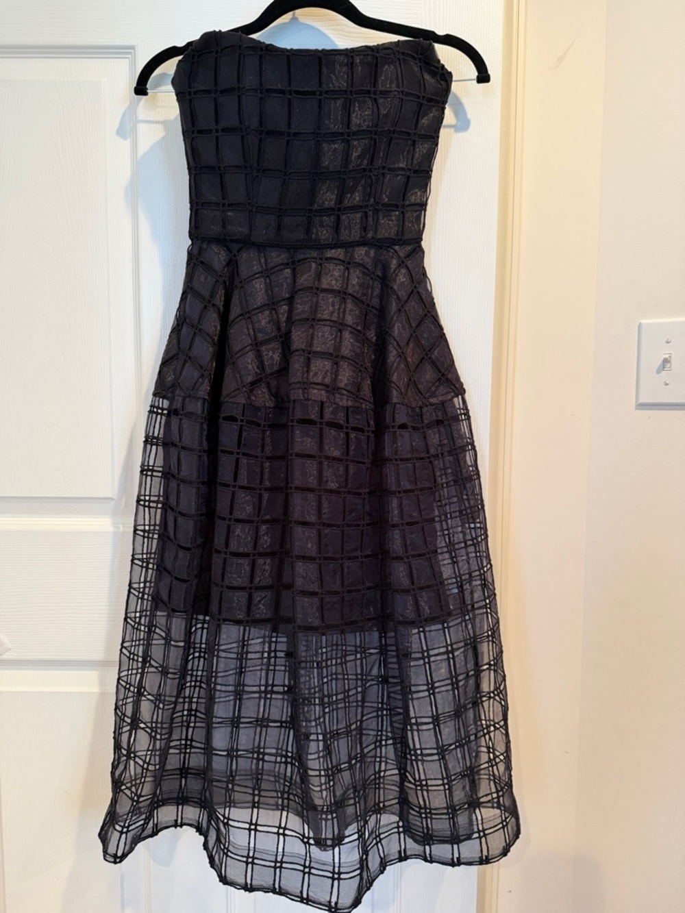 NICHOLAS Black Strapless Grid-Overlay Midi Dress